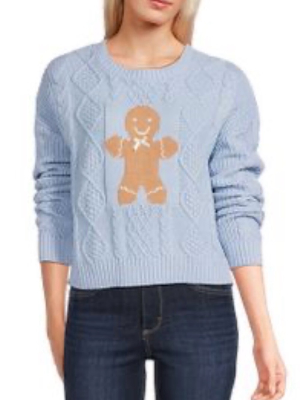 Light Blue Cable-Knit Sweater with Gingerbread Applique